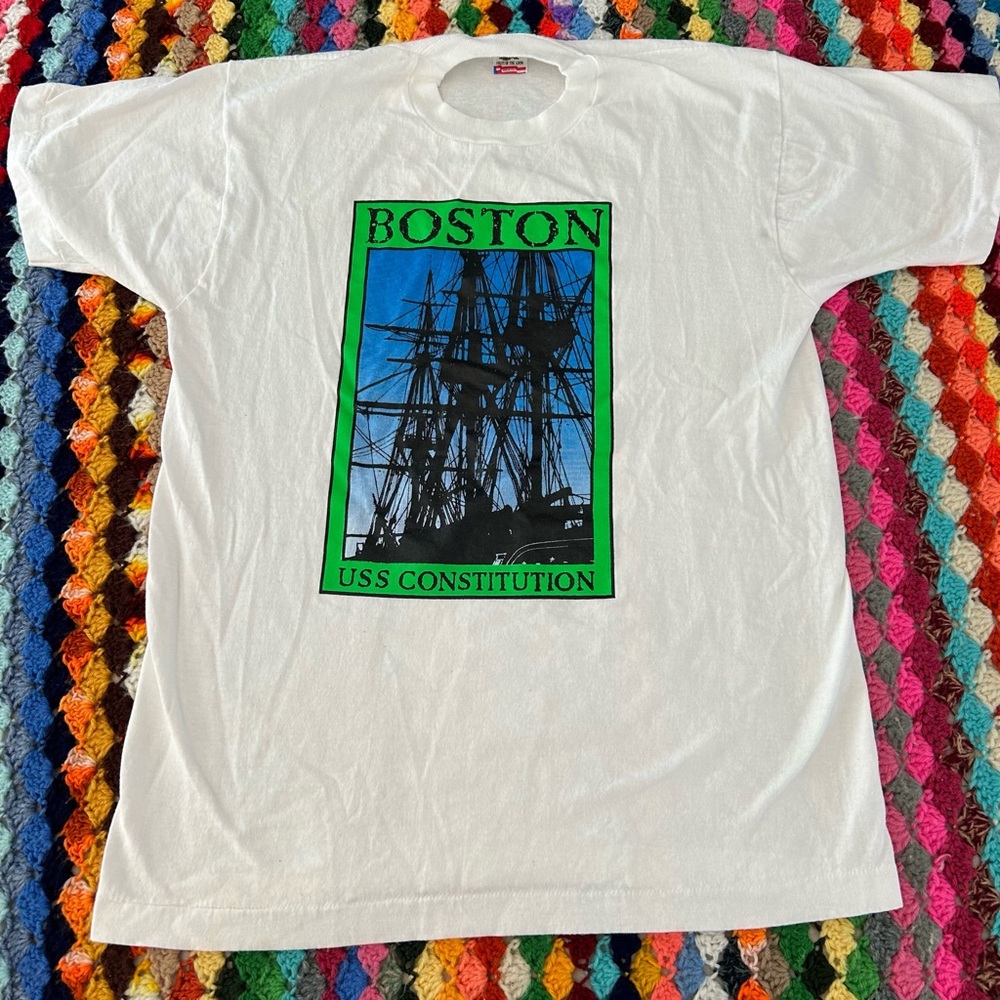 Vinatge 90s Boston Ship USS Constitution Neon Stamp USA Made Single Stit…